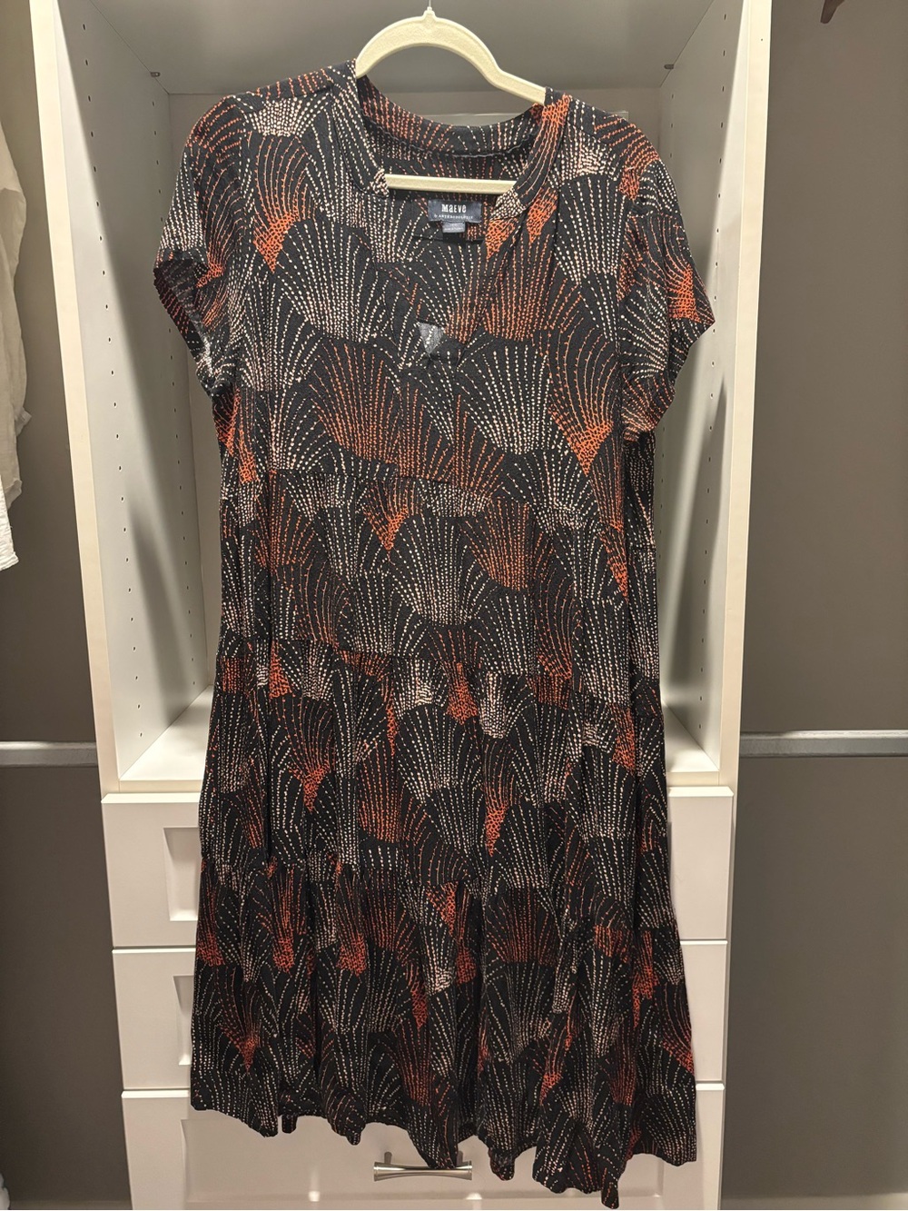 Anthropologie Black Dress with Orange & White Fan Print